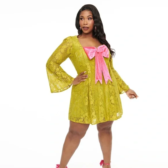 60's Groovy Retro Lime Green Chartreuse Lace Priscilla Dress Hot Pink Bow XS